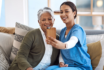 Image showing Caregiver, selfie or old woman in nursing home with smile or happiness for profile pictures or retirement. Women, photography or happy nurse relaxing or smiling with elderly patient for wellness