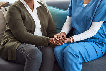 Image showing Counseling, woman or nurse holding hands for support or empathy for healthcare service of cancer therapy. Closeup, psychology help or sick patient in consulting with a caregiver in consultation