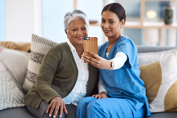 Image showing Caregiver, phone selfie or old woman in nursing home with smile or happiness for profile pictures or retirement. Women, mobile photography or happy nurse smiling with elderly patient for wellness