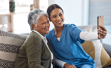 Image showing Nurse, selfie or happy old woman in nursing home with smile or happiness for profile pictures or retirement. Women, photography or caregiver relaxing or smiling with elderly patient for social media
