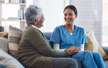 Image showing Healthcare, support and a nurse talking to an old woman in a nursing home during a visit or checkup. Medical, empathy and a female medicine professional having a conversation with a senior resident