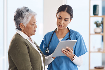 Image showing Healthcare, senior woman or doctor with tablet, patient or conversation with connection. Female person, employee or medical professional with mature lady, telehealth or support with diagnosis