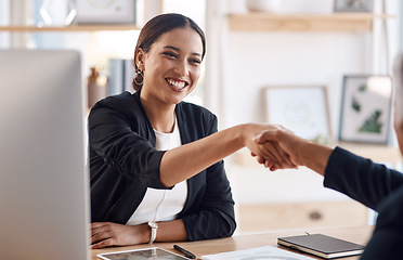 Image showing Onboarding, recruitment or business woman with a handshake in job interview for negotiations. Partnership, b2b collaboration or happy hr manager shaking hands in contract agreement in office meeting