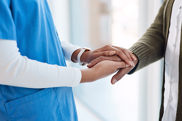 Image showing Support, holding hands and nurse with elderly woman for empathy, comforting and compassion. Healthcare, retirement care and female health worker with senior patient for help, diagnosis and wellness