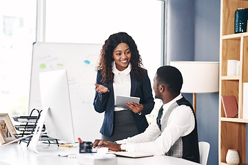 Image showing Telemarketing , black people talking and with computer at desk in their office at work with technology. Teamwork or collaboration, internship or communication and African coworkers discussing