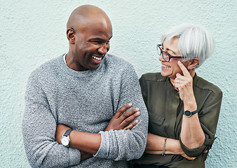 Image showing Elderly, business and friends on wall in the outdoor have conversation about work. Creative, team and working together with white background and talking with smile about people and startup career