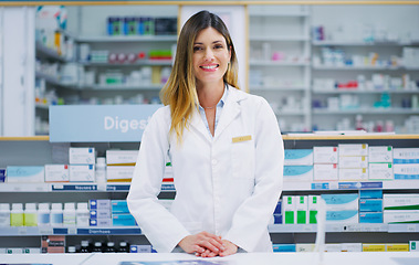 Image showing Pharmacy portrait, happy pharmacist and woman in drugs store, pharmaceutical service or healthcare shop. Hospital retail dispensary, medicine product shelf and medical person for clinic support help