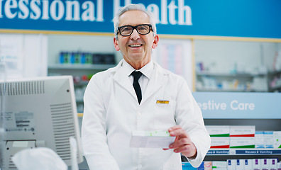 Image showing Pharmacy product, pharmacist and senior man at cash register for sale of pharmaceutical, supplements or pills. Hospital retail dispensary, drug store medicine and medical person for clinic support