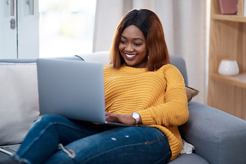 Image showing Black woman with laptop, smile and relax on couch, search online for movie and streaming subscription at home. Happy African female person in apartment, connectivity and watching on pc with internet