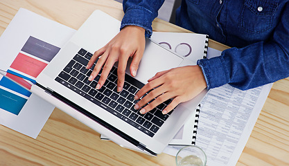 Image showing Hands, laptop and finance from above with a business woman typing on a keyboard in her accounting office. Computer, documents and financial budget with an employee planning an investment strategy