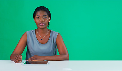 Image showing News report, portrait and a black woman on a green screen for a broadcast, press or information. Serious, desk and an African journalist or reporter hosting a show isolated on a studio background