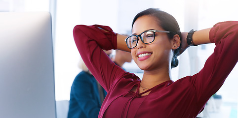 Image showing Relax, computer and a business woman done working for the day in her office with her hands behind her head. Happy, flare and complete with a young female employee at work online using a desktop