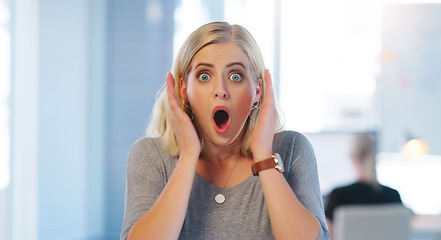 Image showing Wow, surprise and portrait of a woman at work with bad news, announcement or stress in an office. Corporate, young and a female employee with a shocked facial expression for a company problem