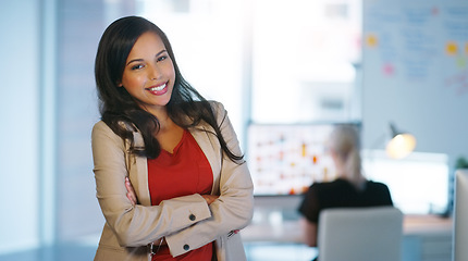 Image showing Portrait, business and woman with arms crossed, employee and happiness in a workplace. Face, happy female person and professional with confidence, consultant and startup success with career and smile