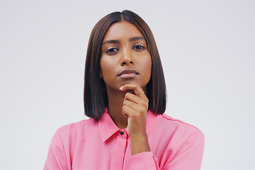 Image showing Business woman, portrait and thinking for idea, decision or choice against a white studio background. Isolated thoughtful female person in doubt, ideas or wondering for question or remember on mockup