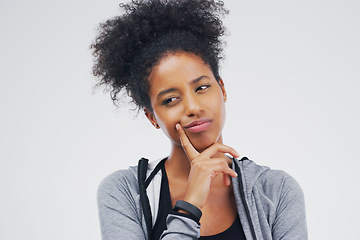 Image showing Serious, black woman and isolated thinking of fitness, workout doubt or planning exercise and health goals. Girl, think or plan decision for training, gym or remember sport ideas on white background