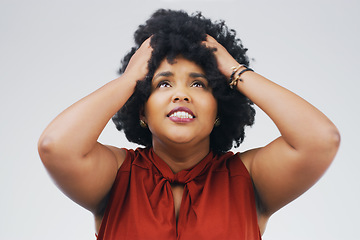 Image showing Frustrated, stress and problem by woman in studio annoyed, angry and upset on grey background. Fail, mistake and African female person overwhelmed by crisis, fear and mental health issue or anxiety