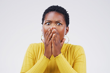 Image showing Shock, fear and scared woman in a studio with a omg, wow or wtf facial expression for emoji. Emotion, afraid and African female model with a surprise face with hands on her mouth by white background.