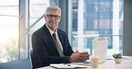 Image showing Mature businessman, portrait and in an office with a laptop for communication and connectivity. Corporate, company and a manager or boss of an agency with a pc for networking and internet at work