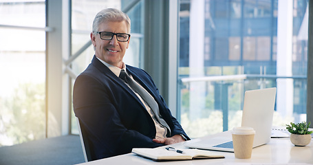 Image showing Portrait, smile and business man, ceo or professional in office working on laptop. Glasses, senior face and male executive, entrepreneur or lawyer from Australia in workplace with pride for career.