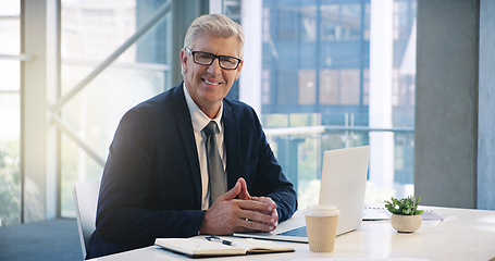 Image showing Businessman smile, portrait and in an office with a laptop for communication and connectivity. Corporate, company and a manager or boss of an agency with a pc for networking and internet at work