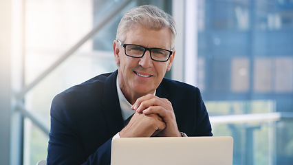 Image showing Portrait, laptop and business man, ceo or professional in office workplace. Face, glasses and happy male executive, senior entrepreneur or director from Australia with pride for career and confidence