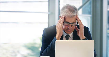 Image showing Business, employee and man with a headache, laptop and connection with glitch, tired and burnout. Male person, entrepreneur and ceo with a pc, technology and migraine with a project and overworked