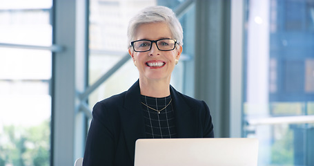 Image showing Portrait, laptop and business woman, lawyer or professional in office workplace. Face, glasses and smile of female legal executive, senior entrepreneur or ceo from Canada with pride for career or job