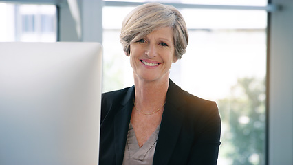 Image showing Portrait, computer and business woman, ceo or professional in office workplace. Face, glasses and smile of female executive, senior entrepreneur or director from Canada with success mindset for job.