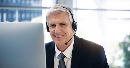 Image showing Video call, computer and portrait with a business old man using a headset in the office for an online meeting. Virtual, smile communication with a happy manager or CEO in a virtual training workshop