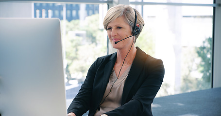 Image showing Call center, smile and a woman with a computer for telemarketing, online support and advice. Happy, contact us and a female customer service agent on a pc for help, conversation and consultation
