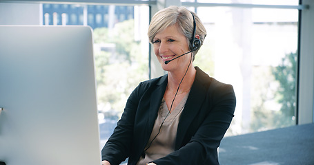 Image showing Call center, consulting and a woman with a computer for telemarketing, online support and advice. Smile, contact us and a female customer service agent on a pc for help, conversation and consultation