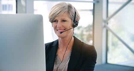 Image showing Computer, video call and online meeting with a business old woman at work in her office for training. Desktop, virtual conference and seminar with a senior female manager or CEO sitting in a workshop