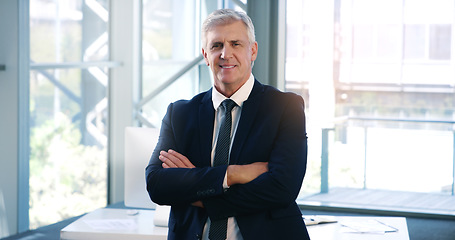 Image showing Portrait, smile and business man with arms crossed in office workplace for success mindset. Face, senior ceo and male executive, entrepreneur and professional from Australia with confidence in career