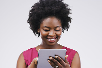 Image showing Smile, tablet and black woman typing in studio isolated on white background mockup. Happy, technology and African female person with touchscreen for email, web scroll or browsing online social media.