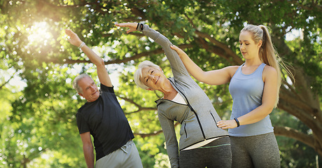 Image showing Yoga, fitness and an old couple with their coach in a park for a health or active lifestyle. Exercise, wellness or zen and senior people training outdoor for a workout with their personal trainer