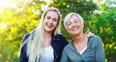 Image showing Portrait, senior woman and adult daughter in park, happy outdoor with hug, laughter and spending quality time together. Love, trust and relationship, people in nature and good humor while bonding