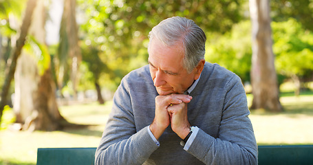 Image showing Depression, thinking and senior man in garden sitting on bench for fresh air in nature. Contemplating, outdoor and worried elderly male person in retirement in park with thoughtful face expression.