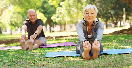 Image showing Portrait, yoga and senior couple in a park, meditation and exercise with sunshine, balance or wellness. Face, mature man or old woman with workout, fitness and outdoor with retirement and performance