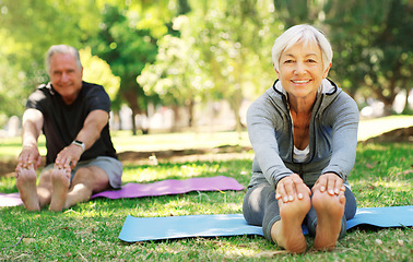 Image showing Portrait, fitness and senior couple in a park, yoga and meditation for wellness, workout and healthy lifestyle. Face, mature woman or old man outdoor, stretching and exercise for balance or fresh air