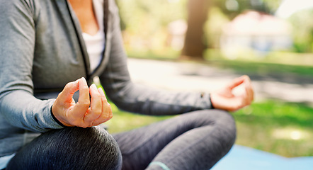 Image showing Woman outdoor, yoga and meditation with lotus pose, fitness in park with zen and spiritual healing. Female person hand, exercise in nature and meditate for health with wellness and mindfulness