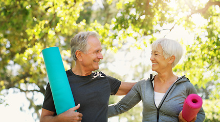 Image showing Old couple outdoor, yoga and fitness and hug in park, zen with spiritual healing and happiness. Marriage, retirement and people bonding with smile and exercise mat, nature and health with wellness