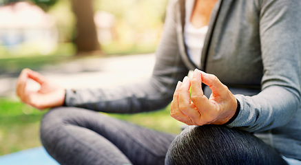 Image showing Woman in park, yoga and meditation with lotus pose, fitness outdoor with zen and spiritual healing. Female person hand, exercise in nature and meditate for health with wellness and mindfulness