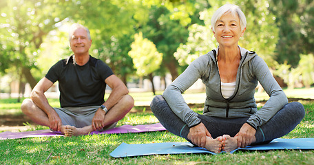 Image showing Portrait, meditation and senior couple in a park, yoga and happiness with exercise, zen or workout. Face, mature man or old woman outdoor, smile or fitness with wellness, balance or healthy lifestyle