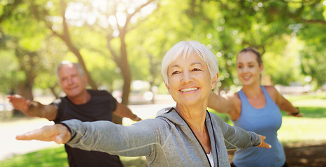 Image showing Yoga, fitness and an old couple with their personal trainer in a park for a health or active lifestyle. Exercise, wellness or zen and senior people outdoor for a workout with their pilates coach