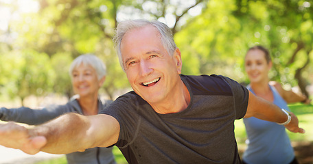 Image showing Yoga, exercise and an old couple with their coach in a park for a health or active lifestyle. Fitness, wellness or zen and senior people training outdoor for a workout with their personal trainer