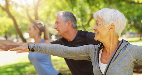 Image showing Yoga, fitness and an old couple with their personal trainer in a garden for a health or active lifestyle. Exercise, wellness or zen and senior people outdoor for training with their pilates coach