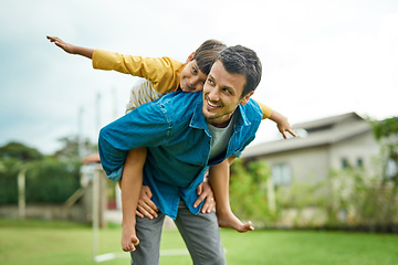 Image showing Love, children and a son on back of his dad outdoor in the garden to fly like an airplane while bonding together. Family, kids and a father carrying his male child while playing a game in the yard