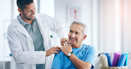 Image showing Senior man, shoulder and physiotherapy doctor with check, inspection and care for injury in retirement at clinic. Happy medic, physio and men together for rehabilitation, recovery and help for health