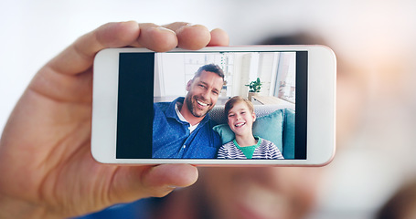 Image showing Happy father, child and smile in selfie, profile picture or social media post relaxing on sofa at home. Dad and kid smiling for photo, memory or online vlog together on living room couch in the house